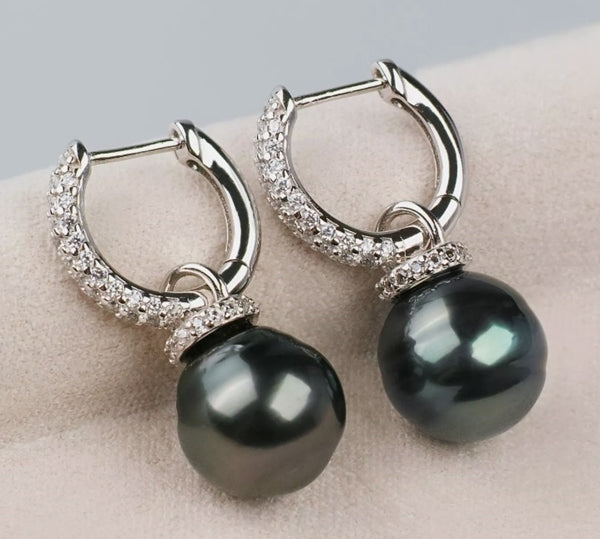 GORGEOUS GENUINE CULTURED SOUTH SEA PEACOCK GREY TAHITIAN PEARL EARRINGS