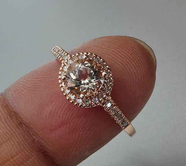 BEAUTIFUL 100% NATURAL MORGANITE & DIAMOND 14K SOLID ROSE GOLD RING