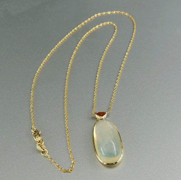 7.50CT SPLENDID UNHEATED 100% NATURAL OPAL & 0.25CT DIAMOND 14K SOLID YELLOW GOLD PENDANT NECKLACE