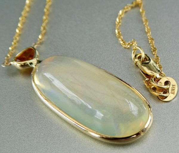 7.50CT SPLENDID UNHEATED 100% NATURAL OPAL & 0.25CT DIAMOND 14K SOLID YELLOW GOLD PENDANT NECKLACE