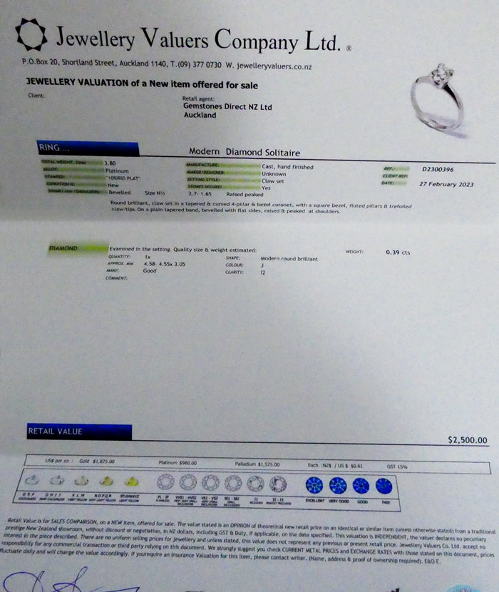 0.39 CT 認定 100% 天然ソリティア ラウンド ダイヤモンド ソリッド プラチナ リング 3.80gr