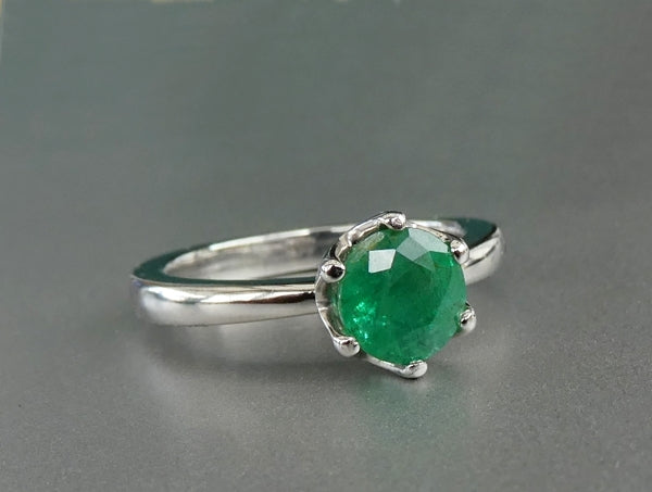 EXCELLENT ROUND 100% NATURAL GREEN EMERALD SOLITAIRE SOLID PLATINUM RING