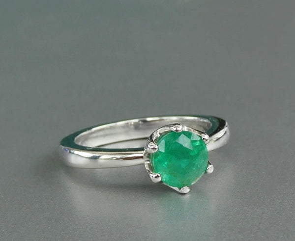 EXCELLENT ROUND 100% NATURAL GREEN EMERALD SOLITAIRE SOLID PLATINUM RING