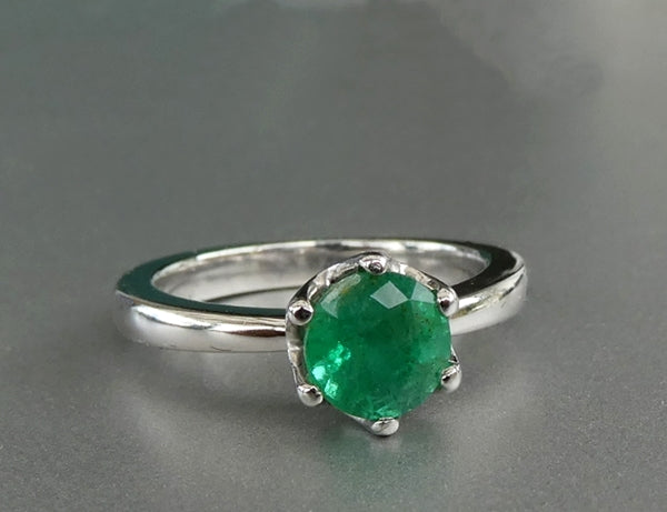 EXCELLENT ROUND 100% NATURAL GREEN EMERALD SOLITAIRE SOLID PLATINUM RING