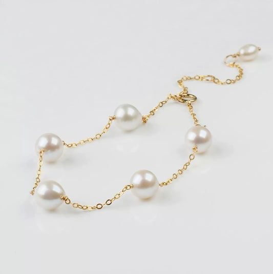 BEAUTIFUL GENUINE WHITE PEARL 14K YELLOW GOLD FILLED BRACELET