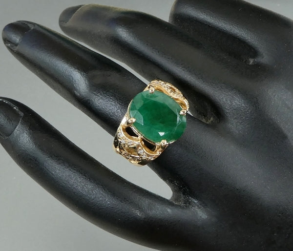 EXCELLENT HUGE 100% NATURAL EMERALD & DIAMOND 14K SOLID YELLOW GOLD RING 9.05grams