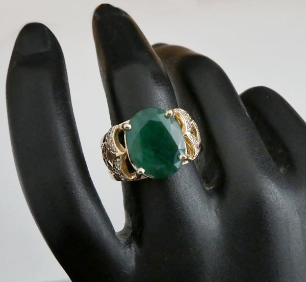 EXCELLENT HUGE 100% NATURAL EMERALD & DIAMOND 14K SOLID YELLOW GOLD RING 9.05grams