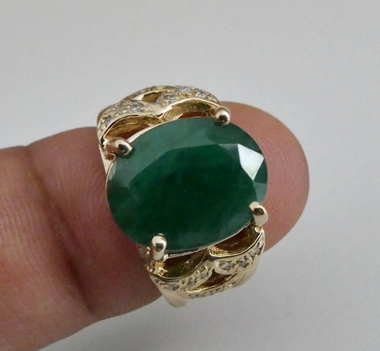 EXCELLENT HUGE 100% NATURAL EMERALD & DIAMOND 14K SOLID YELLOW GOLD RING 9.05grams