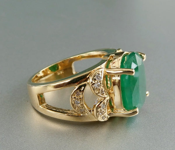 EXCELLENT HUGE 100% NATURAL EMERALD & DIAMOND 14K SOLID YELLOW GOLD RING 9.05grams