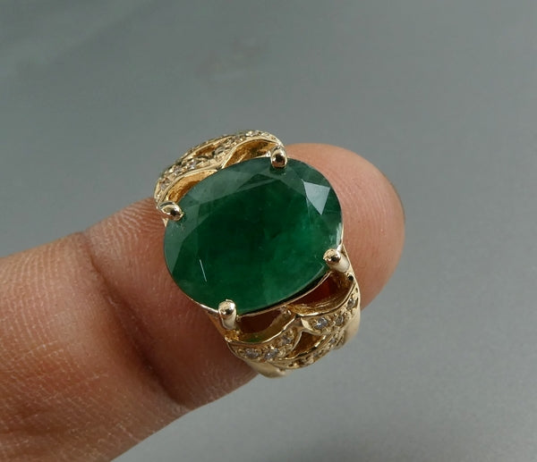 EXCELLENT HUGE 100% NATURAL EMERALD & DIAMOND 14K SOLID YELLOW GOLD RING 9.05grams