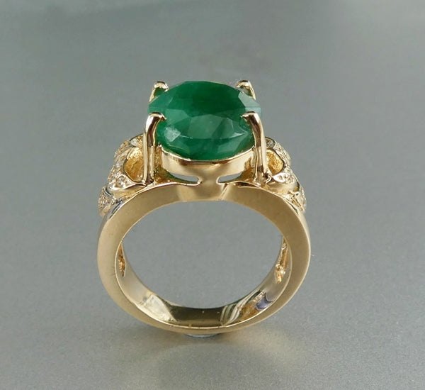 EXCELLENT HUGE 100% NATURAL EMERALD & DIAMOND 14K SOLID YELLOW GOLD RING 9.05grams