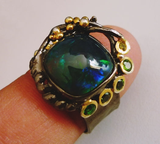 4.00CT HUGE NATURAL BLACK OPAL UNIQUE BLACK RHODIUM 925 STERLING SILVER RING