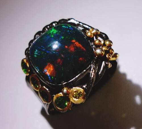 4.00CT HUGE NATURAL BLACK OPAL UNIQUE BLACK RHODIUM 925 STERLING SILVER RING