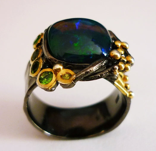 4.00CT HUGE NATURAL BLACK OPAL UNIQUE BLACK RHODIUM 925 STERLING SILVER RING