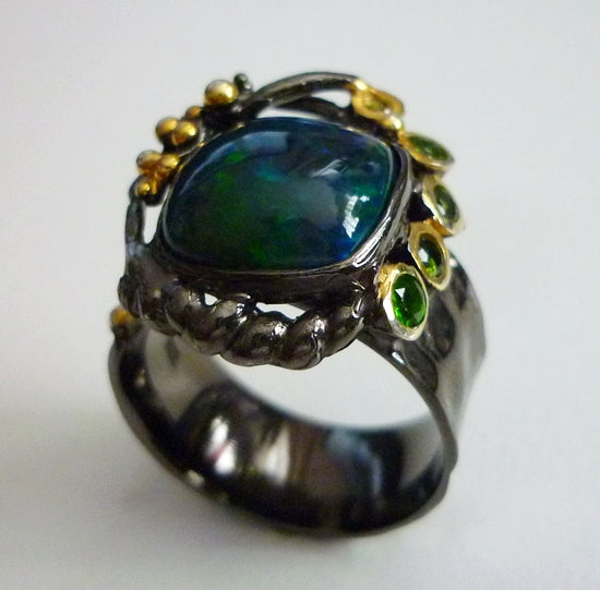 4.00CT HUGE NATURAL BLACK OPAL UNIQUE BLACK RHODIUM 925 STERLING SILVER RING