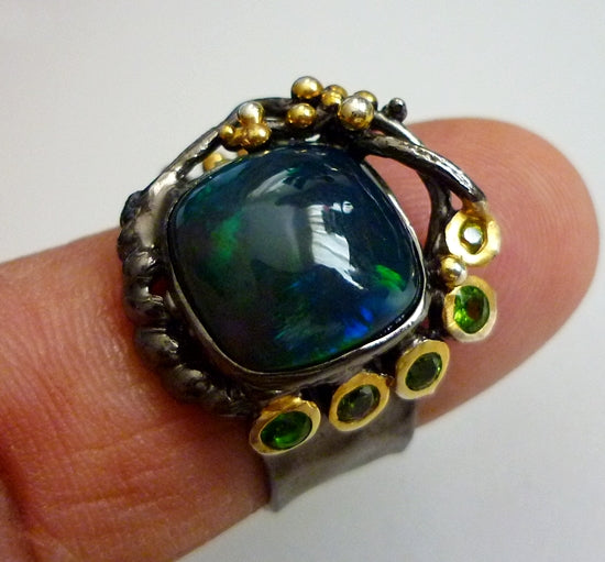 4.00CT HUGE NATURAL BLACK OPAL UNIQUE BLACK RHODIUM 925 STERLING SILVER RING