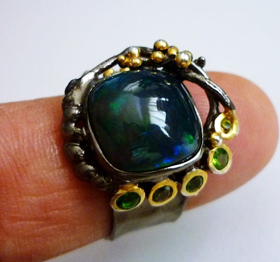 4.00CT HUGE NATURAL BLACK OPAL UNIQUE BLACK RHODIUM 925 STERLING SILVER RING