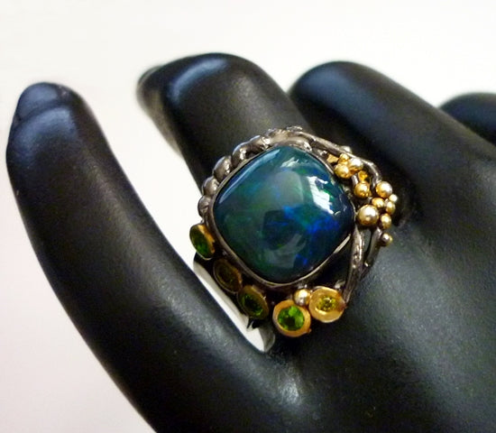 4.00CT HUGE NATURAL BLACK OPAL UNIQUE BLACK RHODIUM 925 STERLING SILVER RING