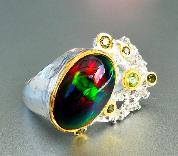 49.00CT UNIQUE DESIGN 7.00CT 100% NATURAL BLACK OPAL CHROME DIOPSIDE 925 STERLING SILVER RING