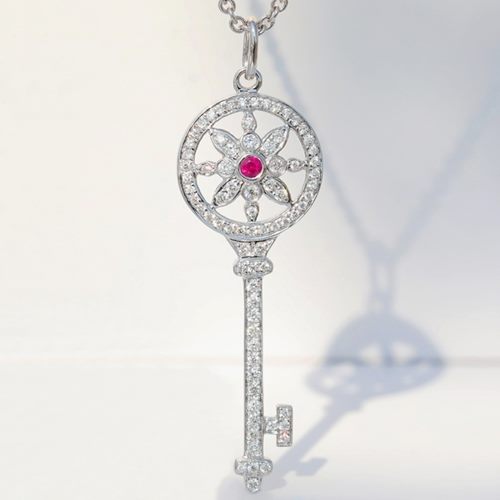 SPLENDID UNHEATED RUBY & 0.24CT DIAMOND 10K SOLID WHITE GOLD KEY NECKLACE