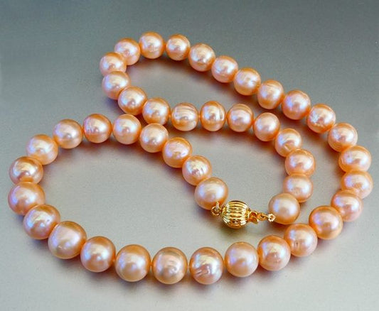 GENUINE GORGEOUS CULTURED PEACH GOLDEN PINK PEARLS NECKLACE 18 INCHES