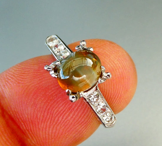 2.10CT EXCELLENT 100% NATURAL CHRYSBERYL CAT'S EYE & 0.25CT DIAMONDS SOLID PLATINUM RING