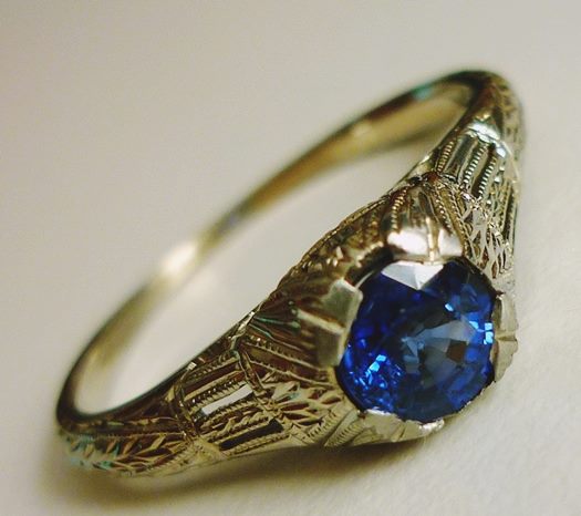 BEAUTIFUL ANTIQUE ART DECO SOLITAIRE BLUE SAPPHIRE 18K SOLID WHITE GOLD RING