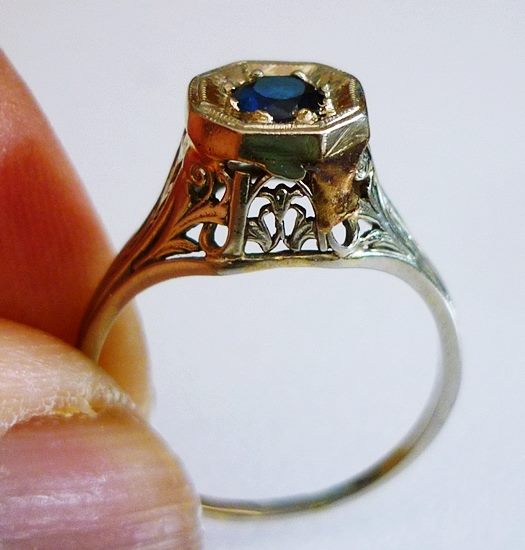 ANTIQUE ART DECO FILIGREE SOLITAIRE BLUE SAPPHIRE 14K SOLID WHITE GOLD RING