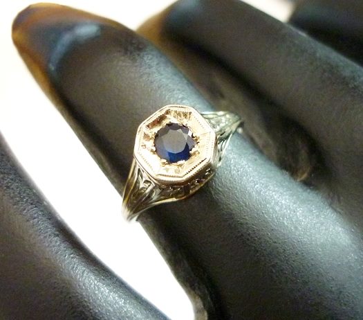 ANTIQUE ART DECO FILIGREE SOLITAIRE BLUE SAPPHIRE 14K SOLID WHITE GOLD RING