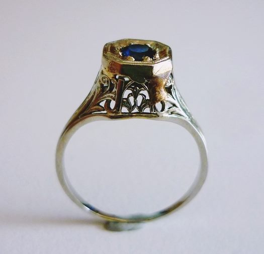 ANTIQUE ART DECO FILIGREE SOLITAIRE BLUE SAPPHIRE 14K SOLID WHITE GOLD RING