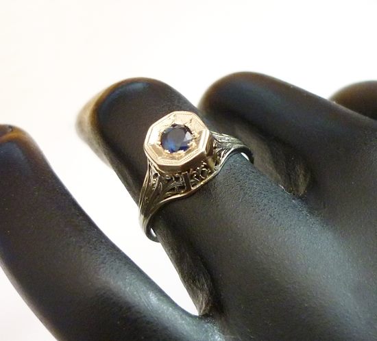 ANTIQUE ART DECO FILIGREE SOLITAIRE BLUE SAPPHIRE 14K SOLID WHITE GOLD RING