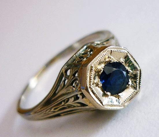 ANTIQUE ART DECO FILIGREE SOLITAIRE BLUE SAPPHIRE 14K SOLID WHITE GOLD RING