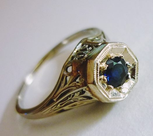 ANTIQUE ART DECO FILIGREE SOLITAIRE BLUE SAPPHIRE 14K SOLID WHITE GOLD RING