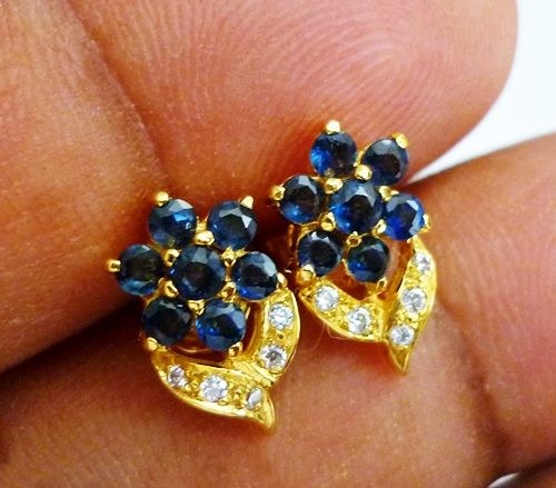 2.7gr CHARMING BLUE SAPPHIRE FLOWER EARRINGS 14KT SOLID YELLOW GOLD