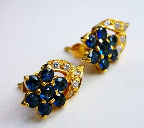 2.7gr CHARMING BLUE SAPPHIRE FLOWER EARRINGS 14KT SOLID YELLOW GOLD