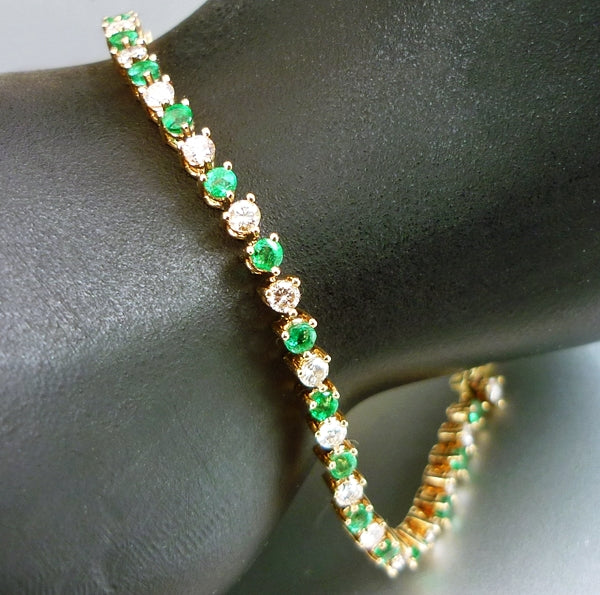 3.20CT CERTIFIED BEAUTIFUL 100% NATURAL EMERALD & DIAMOND 14K SOLID YELLOW GOLD TENNIS BRACELET 7.0grams $7750