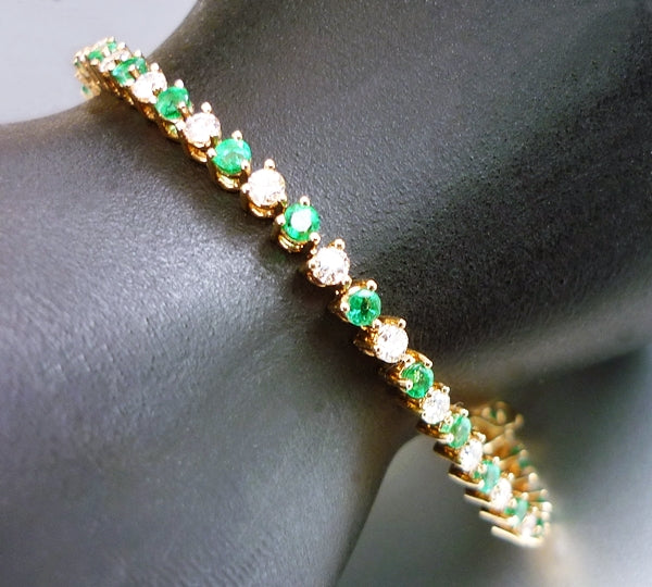 3.20CT CERTIFIED BEAUTIFUL 100% NATURAL EMERALD & DIAMOND 14K SOLID YELLOW GOLD TENNIS BRACELET 7.0grams $7750