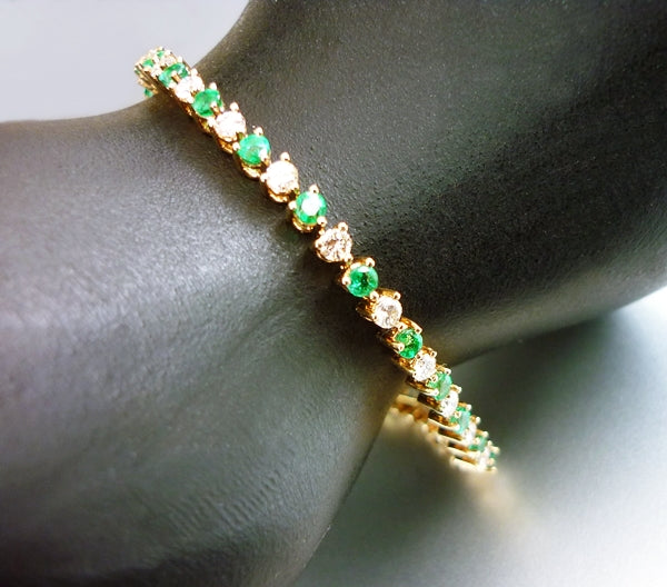 3.20CT CERTIFIED BEAUTIFUL 100% NATURAL EMERALD & DIAMOND 14K SOLID YELLOW GOLD TENNIS BRACELET 7.0grams $7750