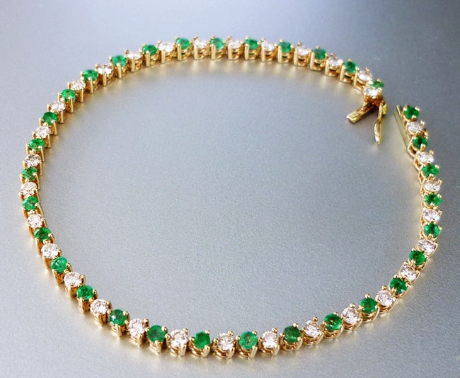 3.20CT CERTIFIED BEAUTIFUL 100% NATURAL EMERALD & DIAMOND 14K SOLID YELLOW GOLD TENNIS BRACELET 7.0grams $7750