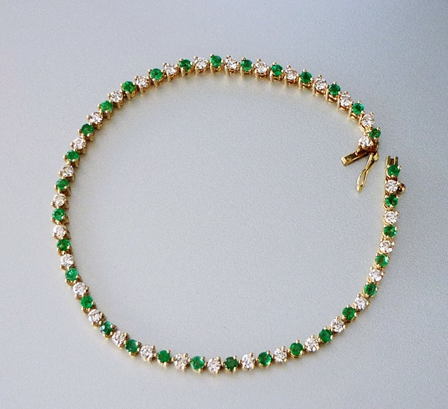 3.20CT CERTIFIED BEAUTIFUL 100% NATURAL EMERALD & DIAMOND 14K SOLID YELLOW GOLD TENNIS BRACELET 7.0grams $7750