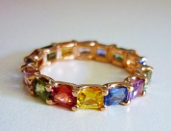 3.52CT CERTIFIED MULTI-COLOUR SAPPHIRE ETERNITY 14K SOLID PINK GOLD RING $4100