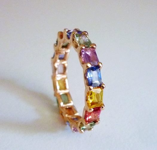 3.52CT CERTIFIED MULTI-COLOUR SAPPHIRE ETERNITY 14K SOLID PINK GOLD RING $4100