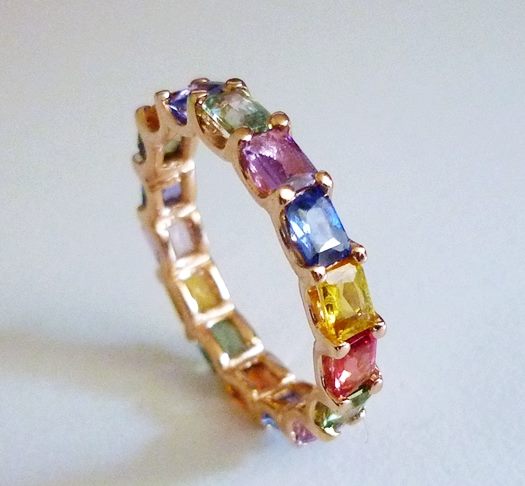 3.52CT CERTIFIED MULTI-COLOUR SAPPHIRE ETERNITY 14K SOLID PINK GOLD RING $4100