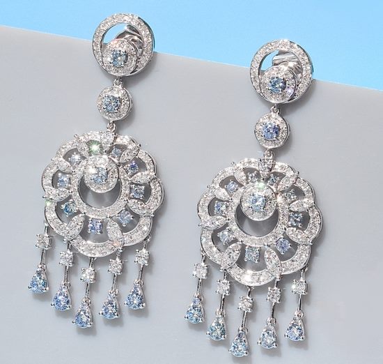 4.08CT DAZZLING WHITE & BLUE DIAMONDS 10KT SOLID WHITE GOLD EARRINGS