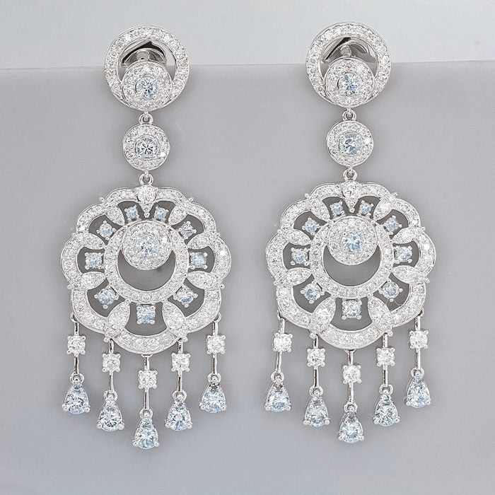 4.08CT DAZZLING WHITE & BLUE DIAMONDS 10KT SOLID WHITE GOLD EARRINGS