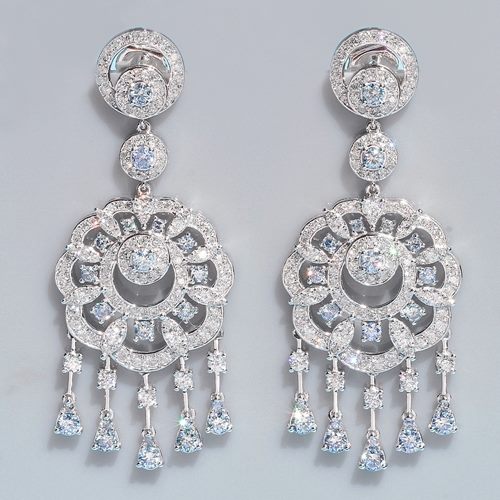 4.08CT DAZZLING WHITE & BLUE DIAMONDS 10KT SOLID WHITE GOLD EARRINGS