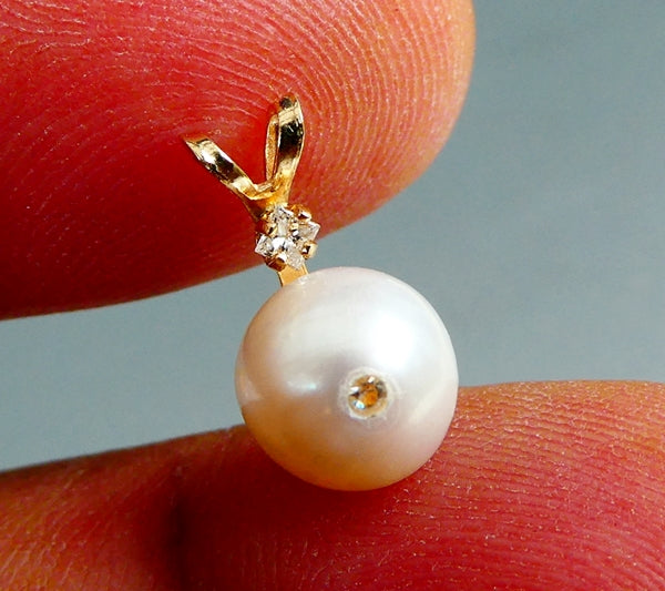 8.0MM GENUINE AKOYA CULTURED PEARL & DIAMONDS 14K SOLID YELLOW GOLD PENDANT