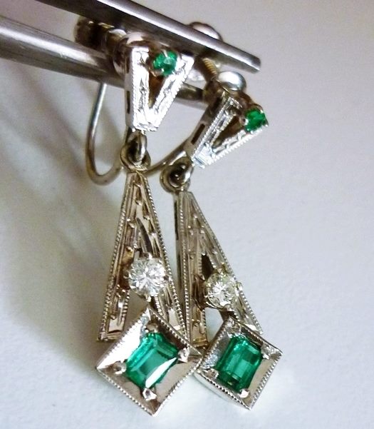 CERTIFIED BEAUTIFUL NATURAL EMERALD & DIAMOND SOLID WHITE GOLD EARRINGS 4.83grm $5400