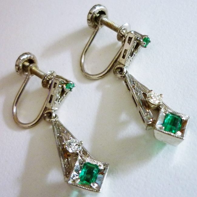 CERTIFIED BEAUTIFUL NATURAL EMERALD & DIAMOND SOLID WHITE GOLD EARRINGS 4.83grm $5400