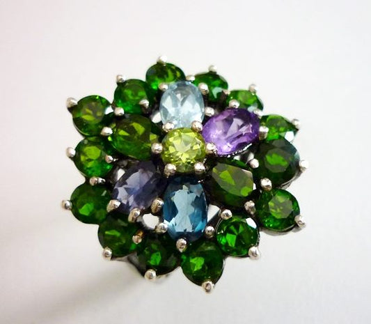 42.50CT STUNNING CHROME DIOPSIDE AMETHYST IOLITE TOPAZ 925 SILVER RING